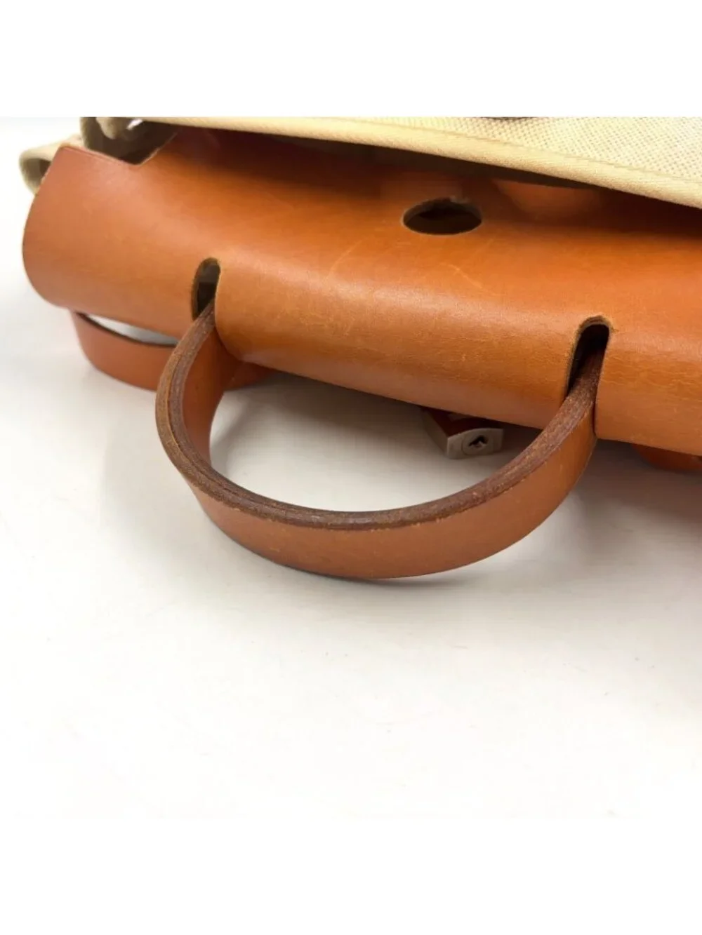 Hermes Herbag a Dos PM Handbag Leather Canvas Beige Light Brown Backpack Silver